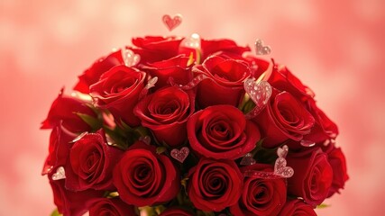 A Bouquet of Velvet Red Roses Decorated with Delicate Silver Hearts, Capturing the Essence of Romance and Passion