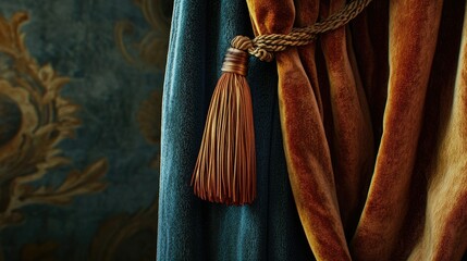 Intricate tassel tieback holding a lush velvet curtain in place, highlighting opulence and traditional elegance in close-up.