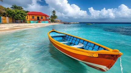A colorful boat sits in the turquoise water of a tropical beach with a brightly painted house in the background.