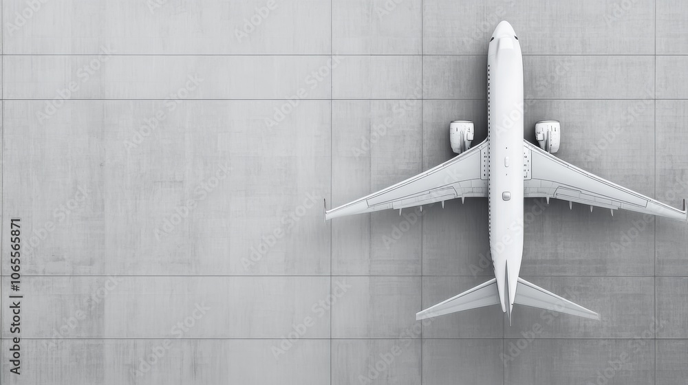 Poster top view of a white generic airplane parked on the concrete plates of an airport runway, getting rea