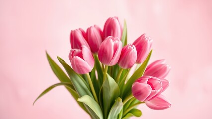 Fototapeta premium A close-up of a bouquet of pink tulips against a soft pink background, showcasing the delicate petals and vibrant colors. The stems are partially visible, hinting at the full arrangement.