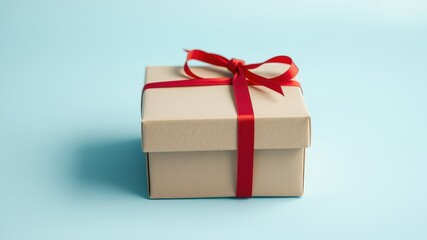 Obraz premium A single brown gift box with a bright red ribbon sits on a light blue background. The box is wrapped in plain brown paper, adding a touch of elegance and simplicity.