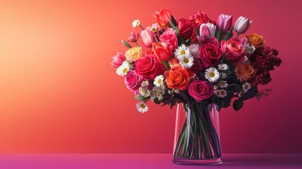 A vibrant banner featuring a large, colorful bouquet of roses, tulips, and daisies arranged in a sleek glass vase, with the shop's name elegantly displayed in bold lettering