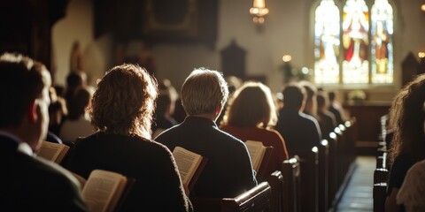 Congregation Singing Hymns in a Traditional Church with Stained Glass