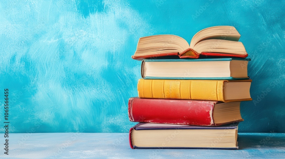 Poster a stack of colorful books with an open book on top against a blue background.