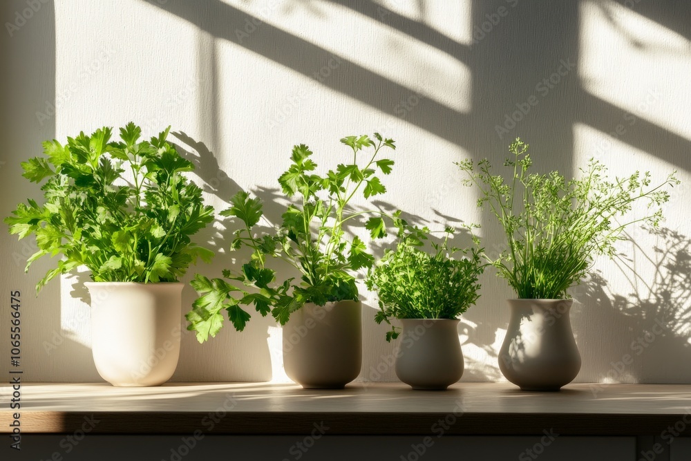 Aufkleber four pots of fresh green herbs basking in sunlight, casting soft shadows on a light surface in a min