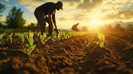 Fototapeta premium Farmers Planting Seeds in a Field
