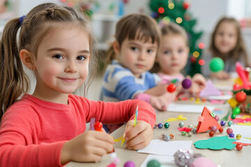 Children crafting Christmas ornaments at a festive table