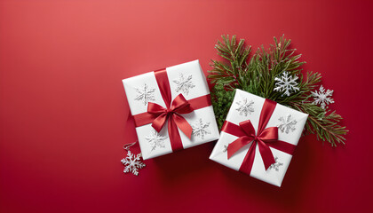 A festive christmas scene with two elegantly wrapped gifts and wintery accents and red background