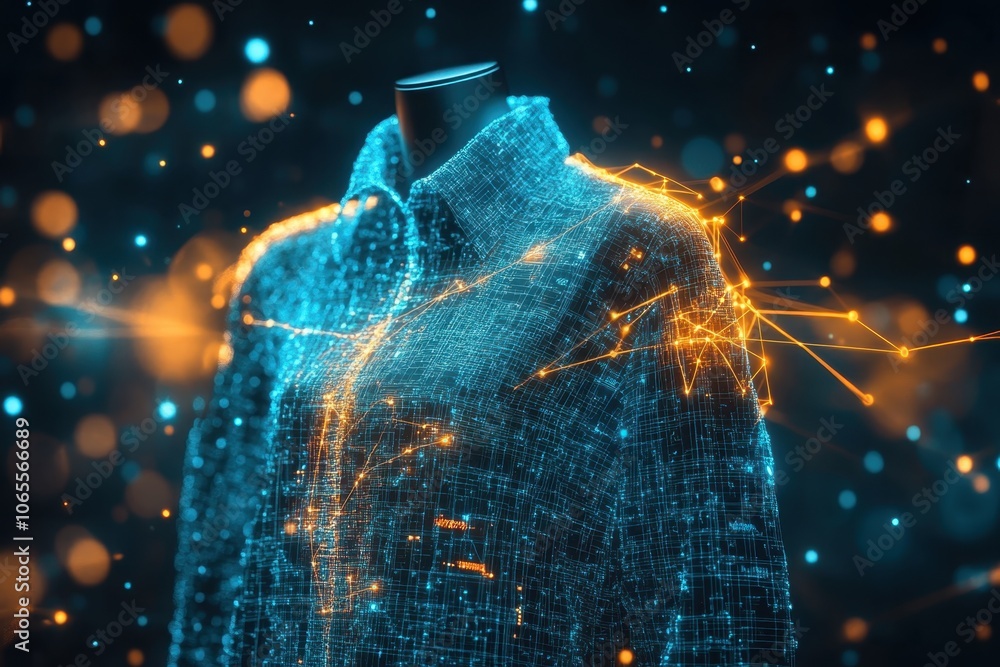 Poster digital representation of a modern garment illuminated with glowing data patterns