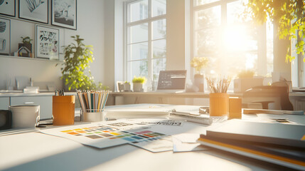 Bright and airy workspace with sunlight streaming through the window, showcasing a cluttered desk with design elements, a laptop, and potted plants.
