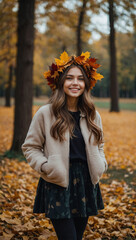 a cute girl in a wreath of yellow leaves walks in the autumn park. golden autumn