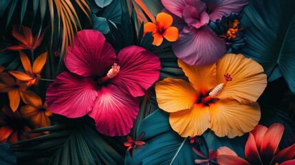 Fototapeta premium A vibrant floral banner featuring a tropical bouquet of hibiscus, birds of paradise, and palms, with bold, summery colors that create a lively and energetic atmosphere