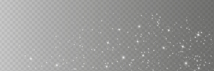 The dust sparks and white stars shine with special light. Vector sparkles on a transparent background. Christmas light effect. Sparkling magical dust particles.