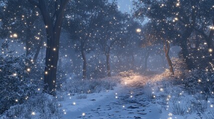A snowy forest at dusk, with trees draped in snow and twinkling snowflakes filling the air, capturing a peaceful winter night