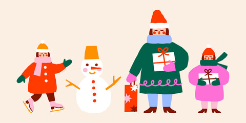 Fototapeta premium Cute cutout style Christmas characters. Mother and daughter with holidays gifts, girl ice skating, snowman