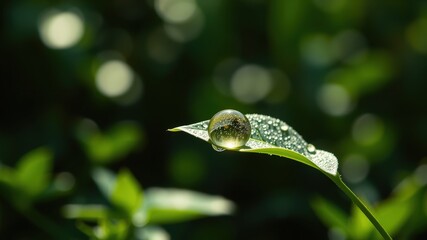 A single dewdrop, perfectly spherical, rests on a green leaf, reflecting the surrounding foliage and a bokeh of light.