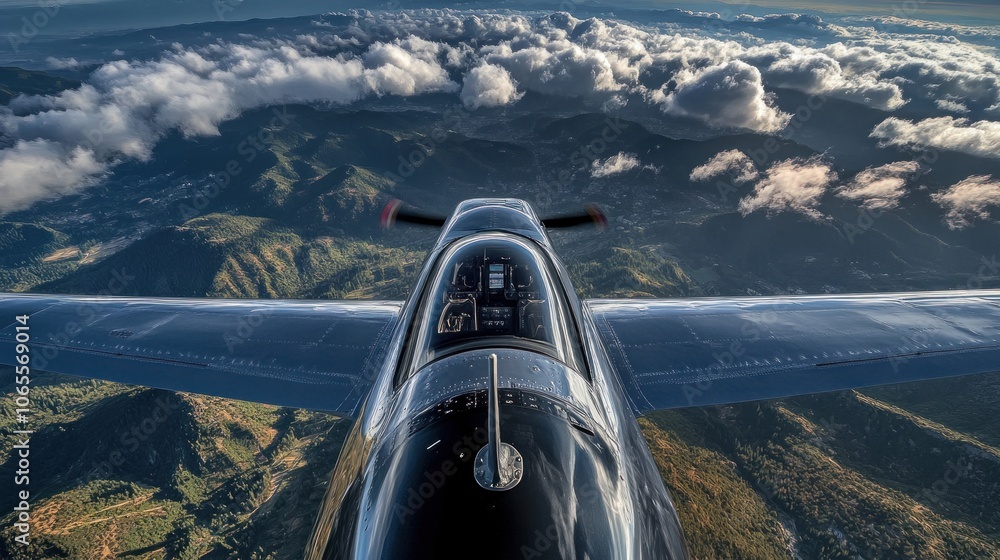 Poster a pilot's view of a plane flying above a mountain range and clouds.