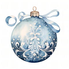 Fototapeta premium Elegant Watercolor Blue Christmas Ornament with White Floral Design and Ribbon