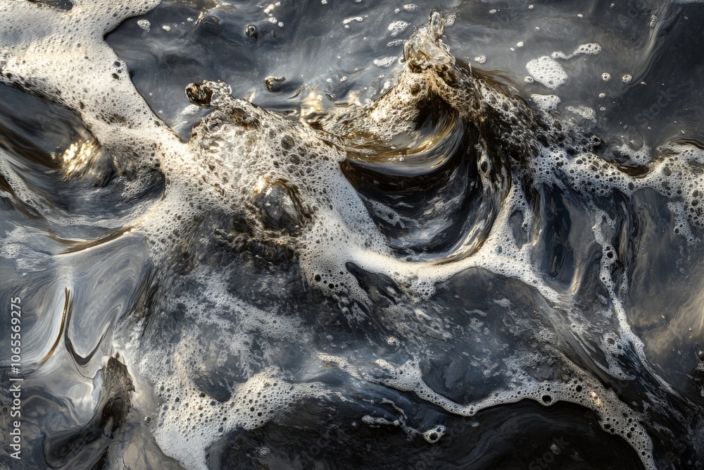 Poster This dynamic image captures the swirling and foamy surface of water in black and white, showcasing contrast and movement in an intricate and captivating manner.