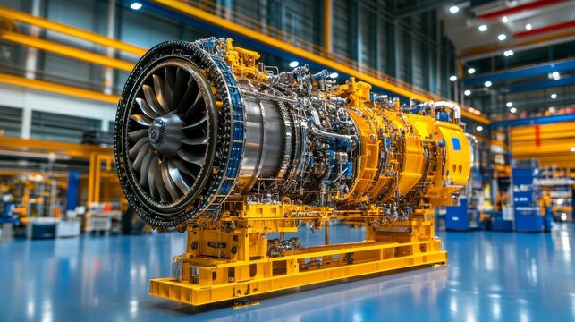 A large jet engine displayed in an industrial setting, showcasing advanced engineering.