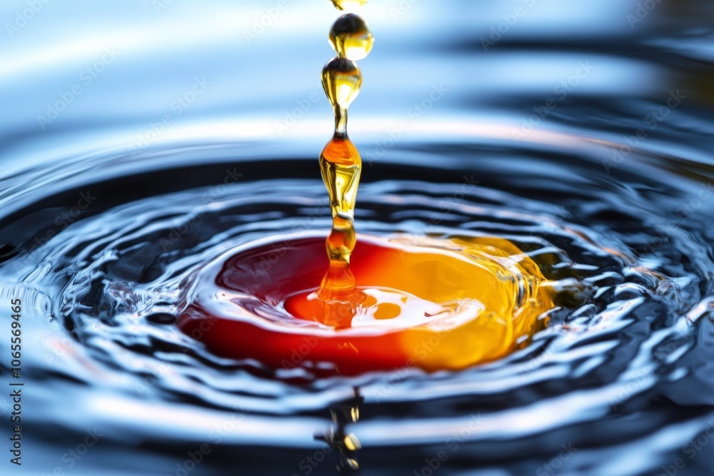 Poster this vibrant image features oil droplets in water, causing colorful ripples. highlighting hue intera