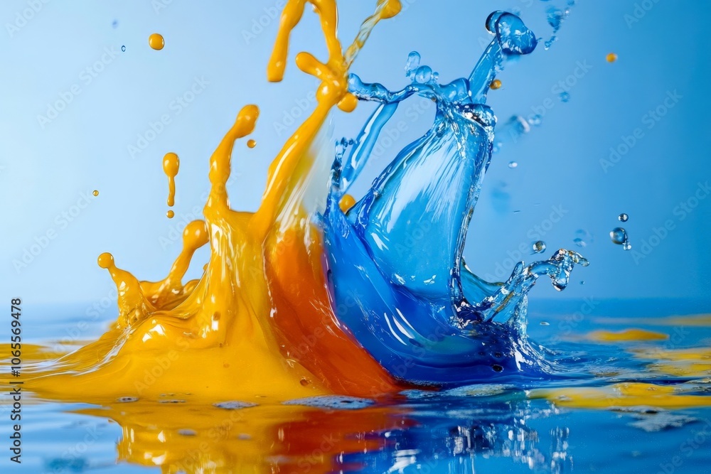Poster Captured in motion, this striking image showcases a splash of yellow and blue liquid colliding dynamically, creating a sense of vibrant energy and excitement.