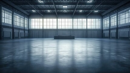 Obraz premium A spacious industrial interior with large windows and a polished floor.