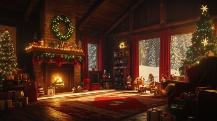A cozy Christmas living room with decorations, a fireplace, and festive atmosphere.