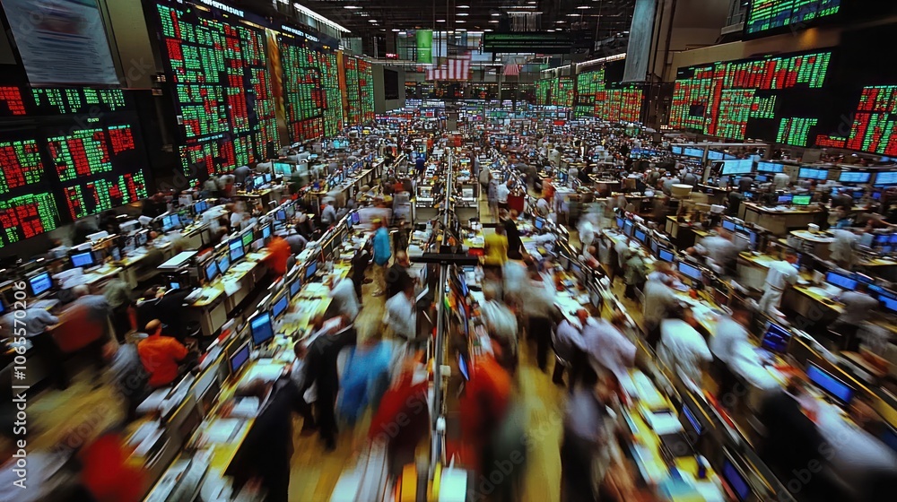 Poster a bustling trading floor with numerous traders working at their desks, surrounded by digital screens