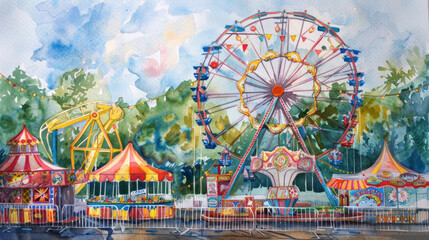 Fototapeta premium Colorful amusement park scene with a ferris wheel and carnival rides under a blue sky.