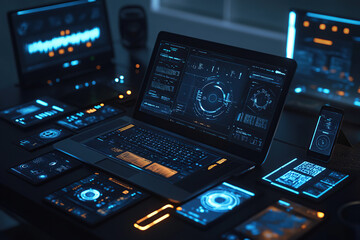 Fototapeta premium High-Tech Laptop Interface in a Futuristic Setup
