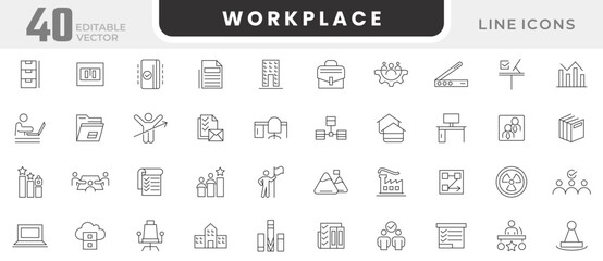 Workplace line icon set. Teamwork, human resources, meeting, partnership, meeting, work group, success, teaching, classroom, interview, discussion, forum line icon set. UI thin line icon pack.