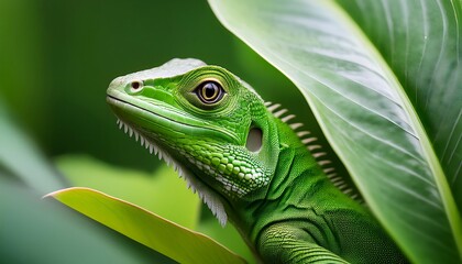 Obraz premium A reptilian green iguana basks in the sun on a tropical tree branch
