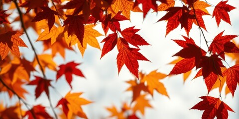 Fototapeta premium Vibrant red and orange autumn leaves against a soft, hazy background, showcasing the intricate details and delicate veins of nature's artistry
