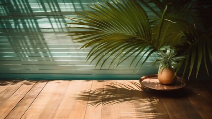 Fototapeta premium Tropical Scene with Wooden Table and Palm Shadows