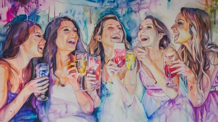 Five women laughing and enjoying drinks together, showcasing joy and friendship in a vibrant setting.