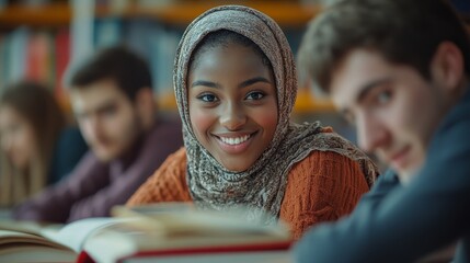 Smiling student in library wearing hijab with peers in background