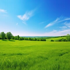Fototapeta premium Lush Green Pastures Under a Bright Blue Sky