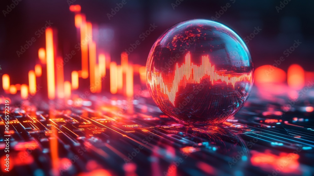 Poster a glass sphere displaying a data waveform on a futuristic circuit board