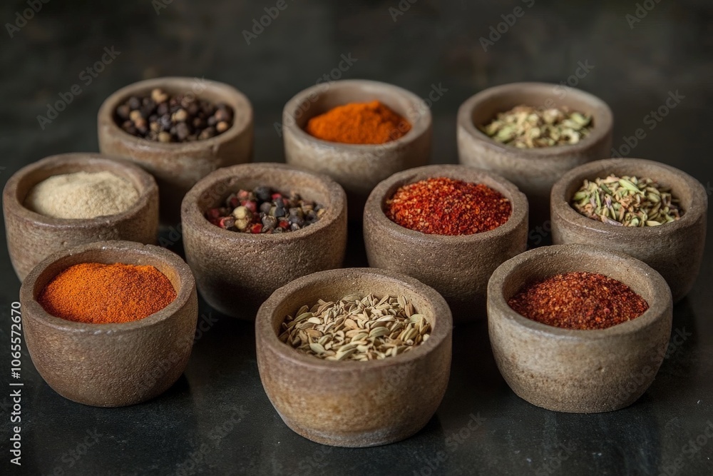 Poster An array of colorful spices presented in rustic bowls on a dark surface, showcasing the diversity and richness of flavors from around the world.