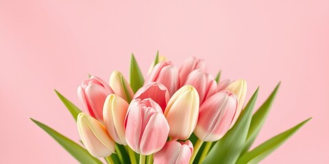 Fototapeta premium A bouquet of pink and white tulips arranged on a soft pink background, creating a delicate and romantic ambiance.