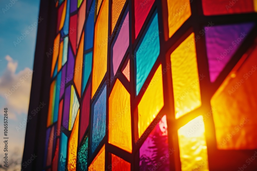 Leinwandbilder a vibrant stained glass window with an assortment of vivid colors captures sunlight beautifully, cre