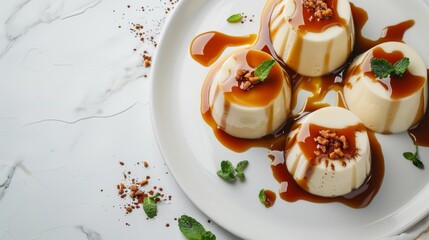 Obraz premium Creamy Panna Cotta with Caramel Sauce and Mint Garnish