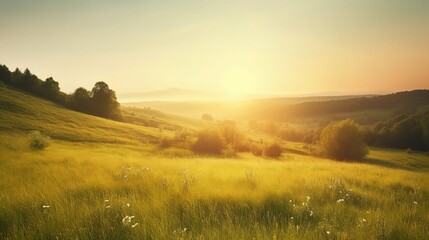 Obraz premium Serene Sunrise Over a Peaceful Meadow Landscape