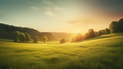 Fototapeta premium Serene Sunrise Over Soft Green Hills in Meadow