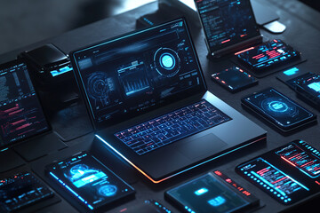 Obraz premium Futuristic Tech Workspace with Multi-Device Synchronization