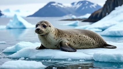 Harbor seal relaxing on iceberg amid arctic landscapes and majestic mountains