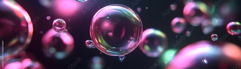 Poster a large transparent sphere with iridescent colors floating in a dark background surrounded by smalle