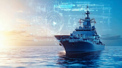 A modern warship at sea with digital overlays, symbolizing advanced naval technology.